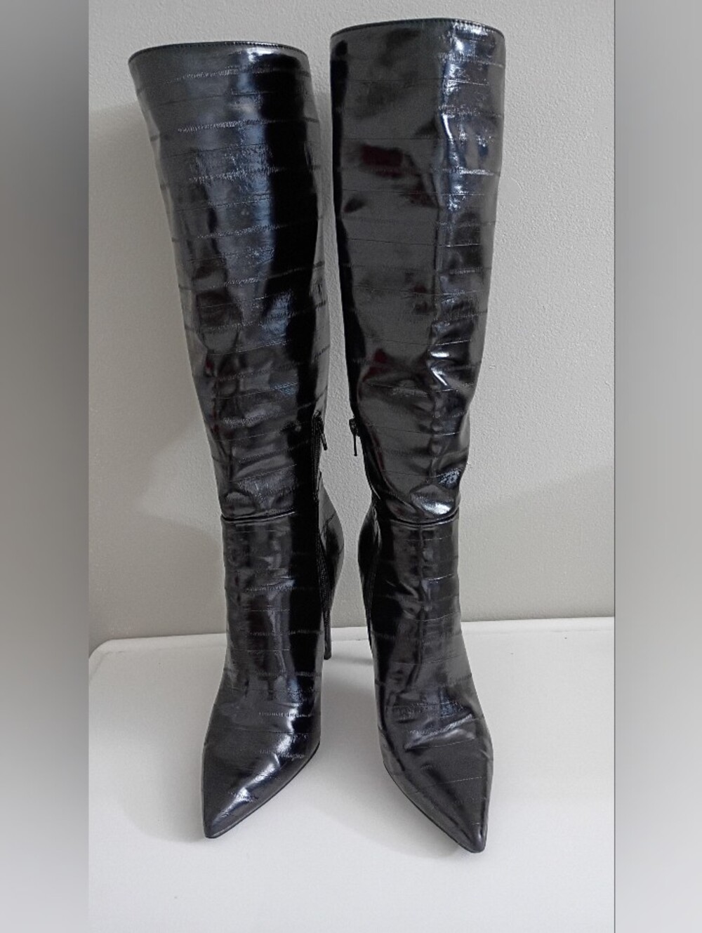 Steve Madden Black Patent Over-the-Knee Stiletto Boots - Picture 2 of 16